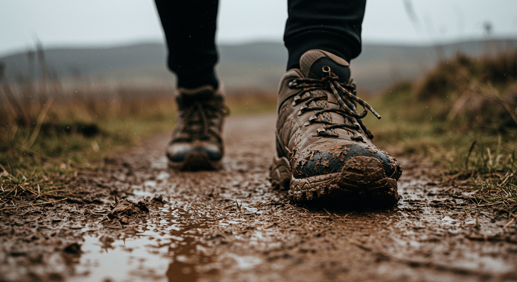 hiking boots in the mud